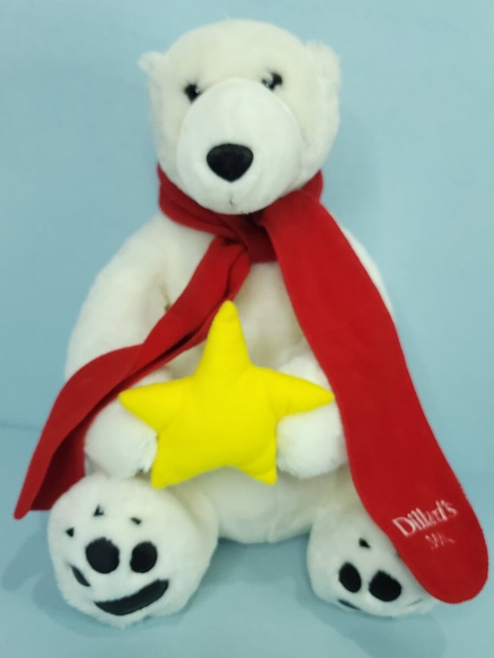 Dillards Vintage 2001 White Polar Bear Plush 16" Red Scarf Xmas Yellow Star